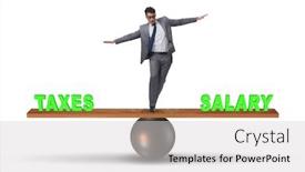  Presentation with taxes - Presentation design featuring imbalance - businessman balancing between taxes background and a light gray colored foreground