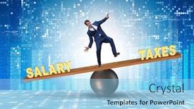  Presentation with taxes - Presentation theme consisting of businessman balancing between taxes and salary background and a light blue colored foreground