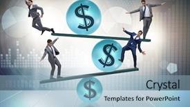  Presentation with currency financial concept macro - Audience pleasing theme consisting of businessman balancing in financial dollar backdrop and a light blue colored foreground