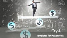  Presentation with currency financial concept macro - PPT theme with businessman balancing in financial dollar background and a gray colored foreground
