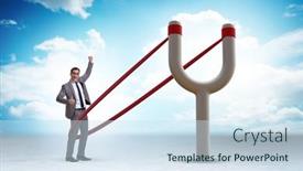  Presentation with businessman climbing the career ladder - Presentation theme featuring businessman-being-launched-from-slingshot background and a sky blue colored foreground