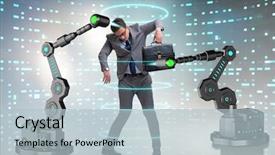  Presentation with robotic - Audience pleasing PPT theme consisting of businessman being manipulated by robotic backdrop and a  colored foreground