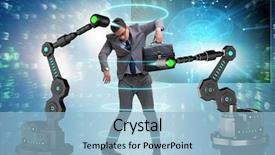  Presentation with manipulator robot - Beautiful theme featuring businessman being manipulated by robotic backdrop and a light blue colored foreground