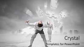  Presentation with element - PPT layouts having businessman bent over and evading from flying puzzle element background and a light gray colored foreground