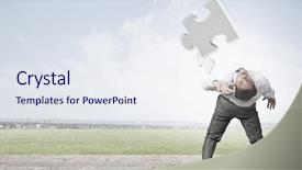  Presentation with element - Beautiful presentation featuring businessman bent over and evading from flying puzzle element backdrop and a sky blue colored foreground