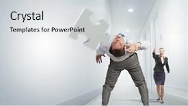  Presentation with puzzle pieces flying - Presentation theme featuring businessman bent over and evading background and a  colored foreground