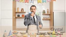  Presentation with party time - Presentation with businessman-blowing-a-horn background and a soft green colored foreground