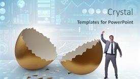  Presentation with egg - Amazing PPT theme having businessman-breaking-out-of-golden backdrop and a light blue colored foreground