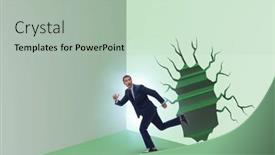  Presentation with breaking through - PPT theme consisting of businessman-breaking-through-the-wall background and a mint green colored foreground