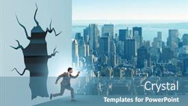  Presentation with breaking through - PPT theme having businessman-breaking-through-the-wall background and a teal colored foreground