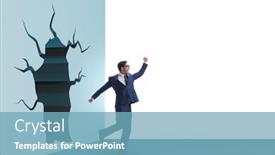  Presentation with breaking through - PPT theme enhanced with businessman-breaking-through-the-wall background and a teal colored foreground