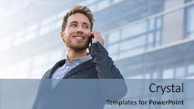  Presentation with negotiation - Colorful presentation theme enhanced with businessman calling talking on the phone having business negotiation conversation backdrop and a teal colored foreground