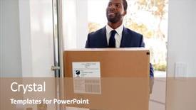  Presentation with box - Cool new slide set with businessman carrying box opening door backdrop and a coral colored foreground