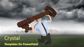  Presentation with horizon - Presentation with businessman carrying large key with arms raised against city on the horizon background and a tawny brown colored foreground