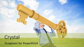 Presentation with serene - PPT theme consisting of businessman carrying large key with arms raised against serene landscape background and a yellow colored foreground