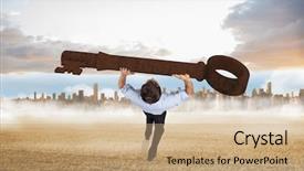  Presentation with horizon - Slide deck consisting of businessman carrying large key with arms raised against large city on the horizon past yellow field background and a coral colored foreground