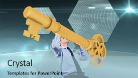  Presentation with hexagon - Audience pleasing PPT theme consisting of businessman carrying large key with arms raised against hexagon interface backdrop and a light blue colored foreground