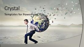  Presentation with world currency - Presentation theme with businessman carrying the whole world background and a light gray colored foreground