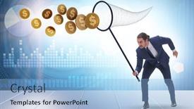 Presentation with net - Presentation design consisting of businessman-catching-money-with-landing background and a light blue colored foreground