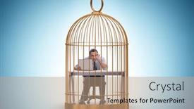  Presentation with cage - PPT layouts with businessman-caught-in-the-cage background and a coral colored foreground