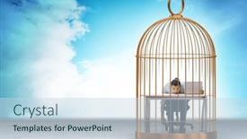  Presentation with cage - PPT theme featuring businessman-caught-in-the-cage background and a sky blue colored foreground