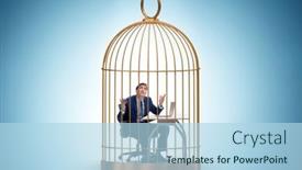  Presentation with cage - PPT theme enhanced with businessman-caught-in-the-cage background and a light blue colored foreground