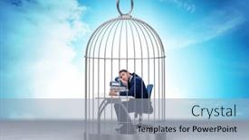  Presentation with bird out of cage - Theme enhanced with businessman-caught-in-the-cage background and a light blue colored foreground