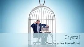  Presentation with cage - Presentation design having businessman-caught-in-the-cage and a sky blue colored foreground