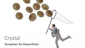  Presentation with bitcoins - Audience pleasing slide set consisting of businessman-chasing-bitcoins-in-cryptocurrency backdrop and a white colored foreground