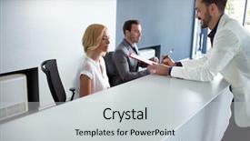  Presentation with office desk reception - Slides enhanced with businessman checking at reception desk background and a light gray colored foreground