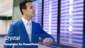  Presentation with flight - Cool new slide deck with businessman checking flight schedule backdrop and a  colored foreground