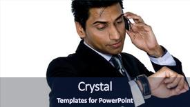  Presentation with checks - Presentation featuring businessman checks his watch whilst talking on his phone on white background background and a navy blue colored foreground