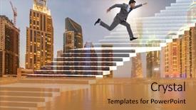 Presentation with career - Beautiful theme featuring businessman climbing career ladder city backdrop and a coral colored foreground