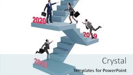  Presentation with climbing stairs - Audience pleasing PPT theme consisting of businessman-climbing-stairs-on-yearly backdrop and a light blue colored foreground