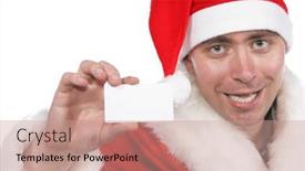  Presentation with show - Cool new presentation with businessman clothed in costume of santa claus show blank visiting card isolated over white background focus on the hand and card backdrop and a coral colored foreground
