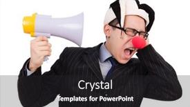  Presentation with clown - Cool new slide deck with businessman clown with loudspeaker on white backdrop and a dark gray colored foreground