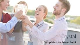 Presentation with toasting - Colorful presentation design enhanced with businessman colleagues toasting wineglasses during success party at terrace backdrop and a lemonade colored foreground