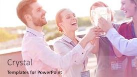  Presentation with toasting - Slide deck enhanced with businessman colleagues toasting wineglasses during success party at terrace background and a lemonade colored foreground