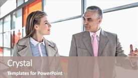  Presentation with colleague farewell goodby - Cool new PPT theme with businessman communicating female colleague walking railroad station backdrop and a gray colored foreground