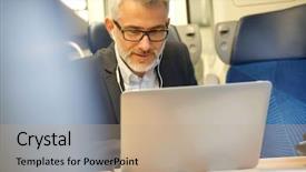  Presentation with talking on phone - Presentation design enhanced with businessman commuting by train talking background and a coral colored foreground