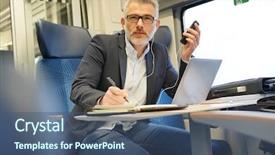  Presentation with talking on phone - Amazing presentation theme having businessman commuting by train talking backdrop and a ocean colored foreground