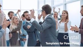  Presentation with victory team - Slide deck having businessman-congratulating-his-team background and a ocean colored foreground