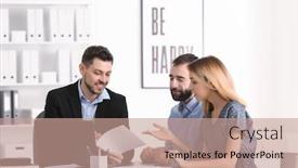  Presentation with consulting - Slide deck featuring businessman consulting young couple in office background and a coral colored foreground