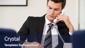  Presentation with writing - Slide set featuring businessman conversing on landline phone background and a navy blue colored foreground