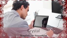  Presentation with tablet - Audience pleasing theme consisting of businessman-copying-from-his-tablet backdrop and a coral colored foreground