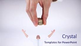  Presentation with counting - Audience pleasing slide deck consisting of businessman counting his coins at desk against grey background backdrop and a sky blue colored foreground
