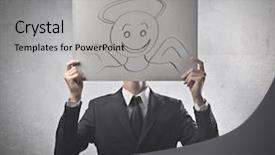  Presentation with cardboard - Theme consisting of businessman covering his face with a cardboard on which is drawn an angel face background and a light gray colored foreground