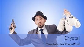  Presentation with criminal money - Presentation design with businessman criminal with sacks of money background and a light blue colored foreground
