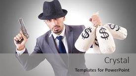  Presentation with criminal money - Beautiful presentation design featuring businessman criminal with sacks of money backdrop and a light gray colored foreground