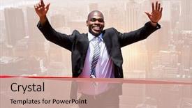  Presentation with finish line - Beautiful presentation design featuring businessman crossing the finish line backdrop and a coral colored foreground